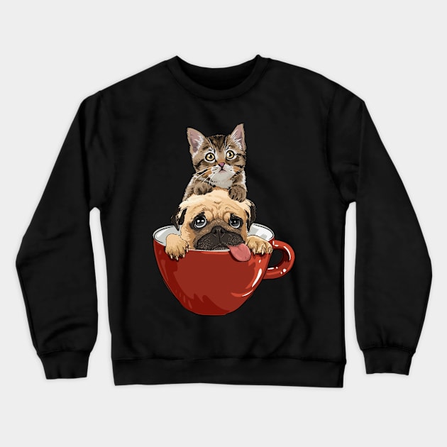 Cute Cat and Pug in a mug | Funny cat and dog gift Crewneck Sweatshirt by MerchMadness
